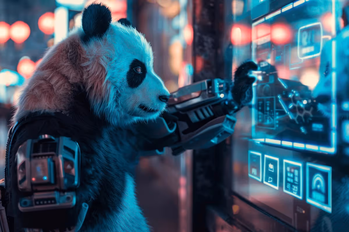 A futuristic panda in robotic armor interacts with a holographic screen. Neon lights glow around, creating a sci-fi atmosphere, suggesting technology and curiosity.
