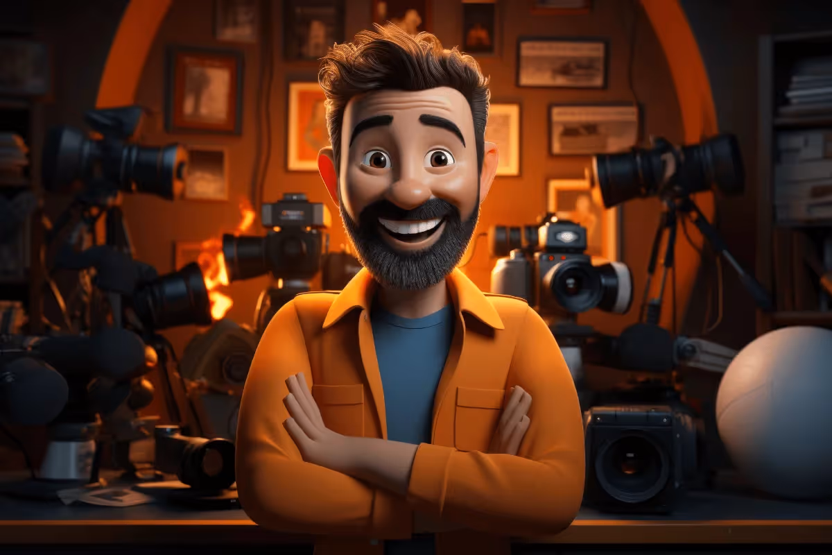 A cheerful animated man with a beard and orange jacket stands among various cameras in a photo studio, exuding excitement and enthusiasm.