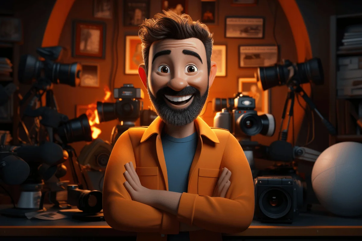 A cheerful animated man with a beard and orange jacket stands among various cameras in a photo studio, exuding excitement and enthusiasm.