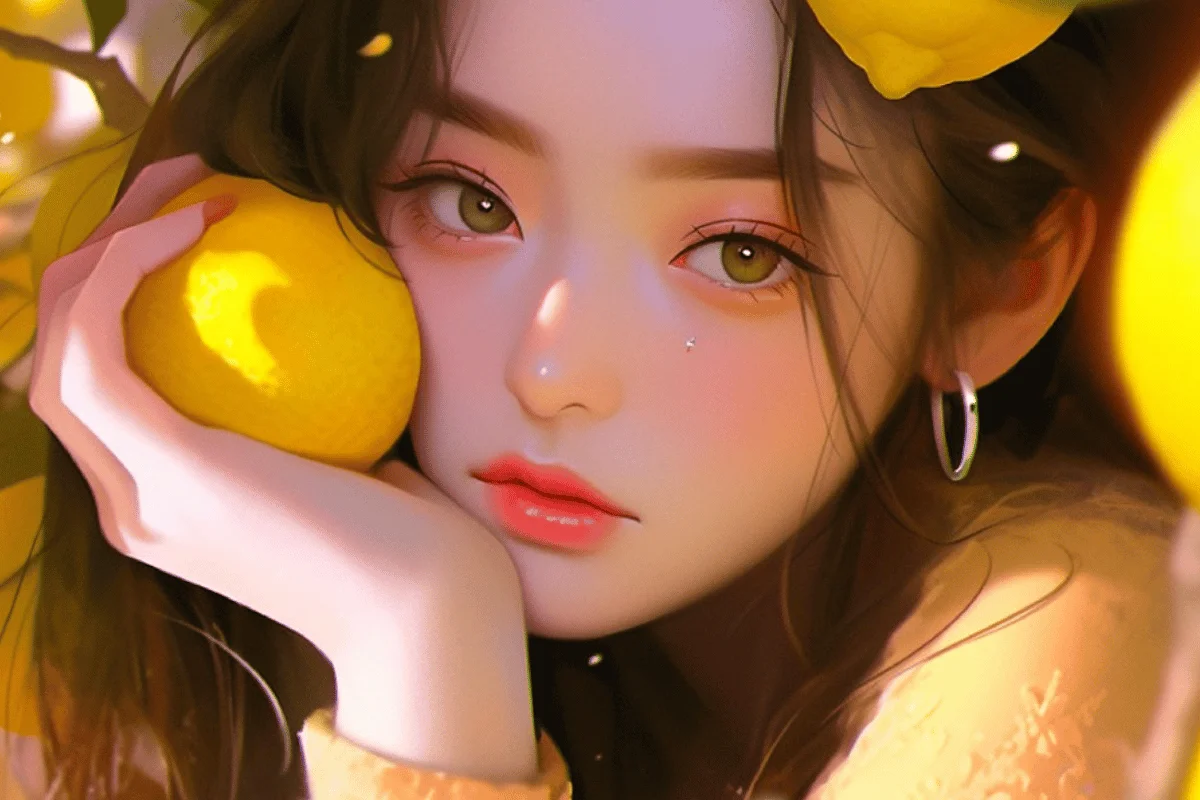 A person holds a vibrant yellow lemon close to their face, surrounded by lush green leaves and bright lemon branches.