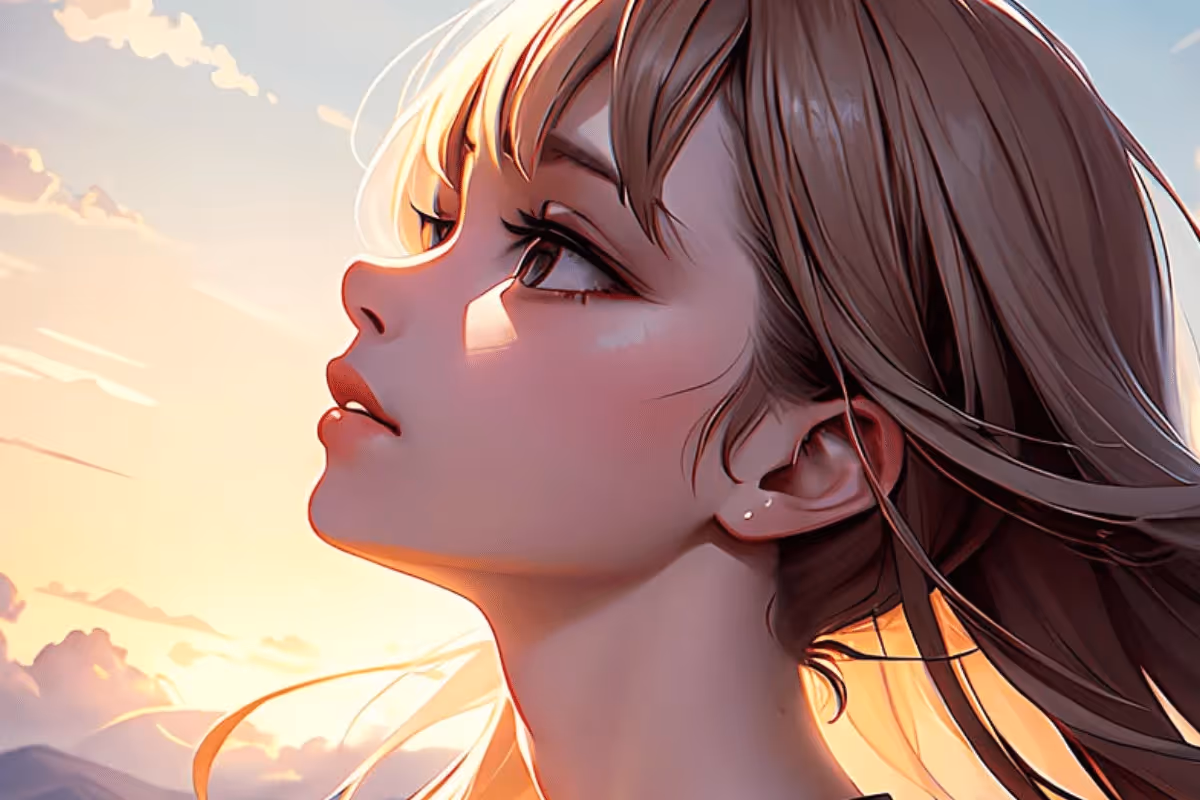 Animated girl looking upward with sunlight illuminating her face.