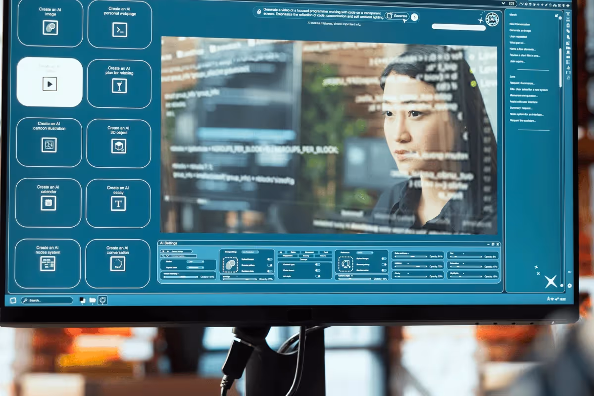 A computer screen displaying complex software with a focused person in the background. Code overlays the image, conveying a high-tech, analytical atmosphere.
