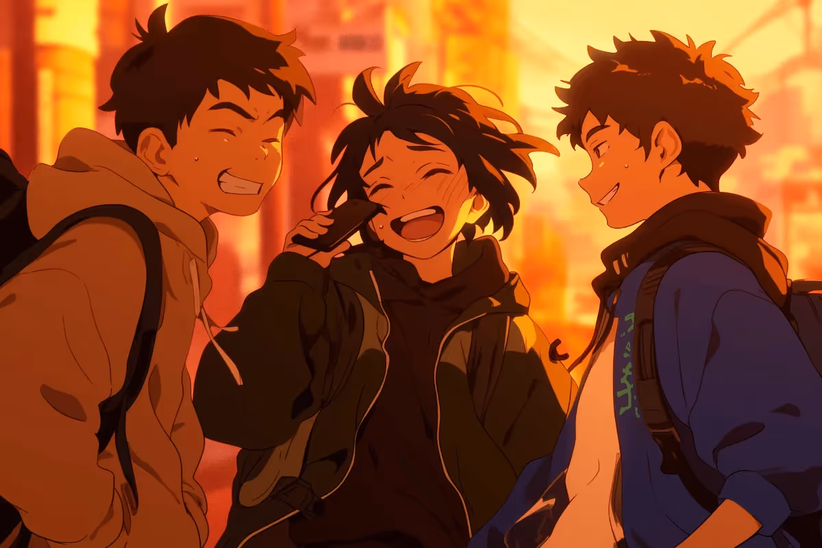 Anime-style illustration of three friends laughing together at sunset in a warm city setting.