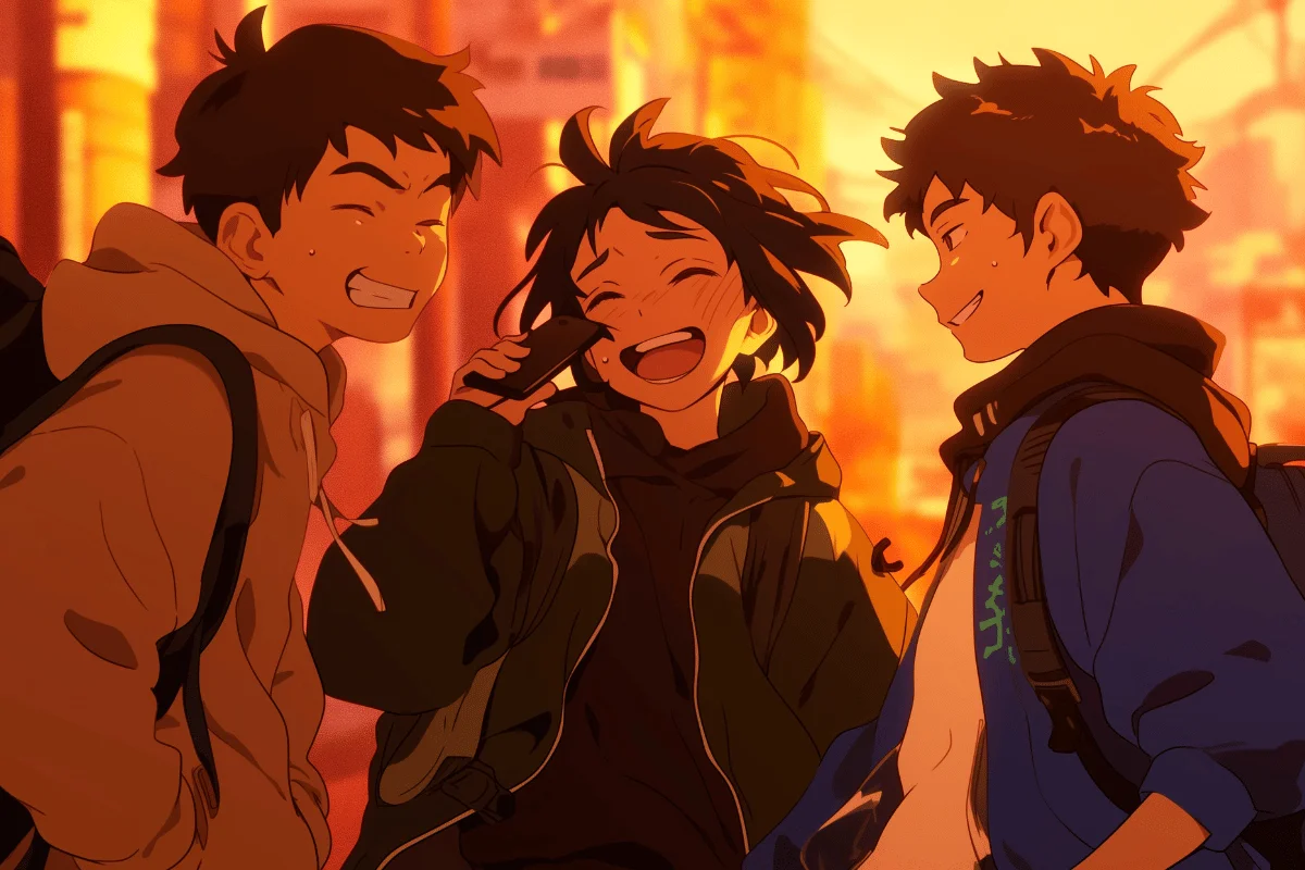 Anime-style illustration of three friends laughing together at sunset in a warm city setting.