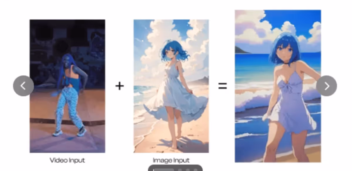 Video frame showing a person in a dark setting blends into a bright, anime-style beach scene with a character in a white dress under a blue sky.