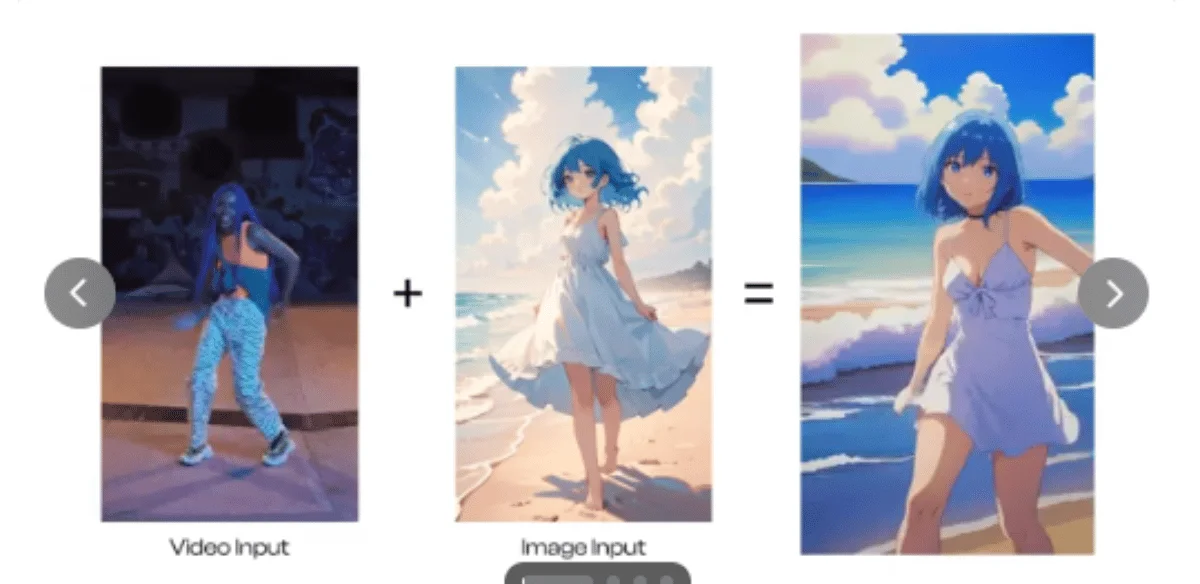 Video frame showing a person in a dark setting blends into a bright, anime-style beach scene with a character in a white dress under a blue sky.