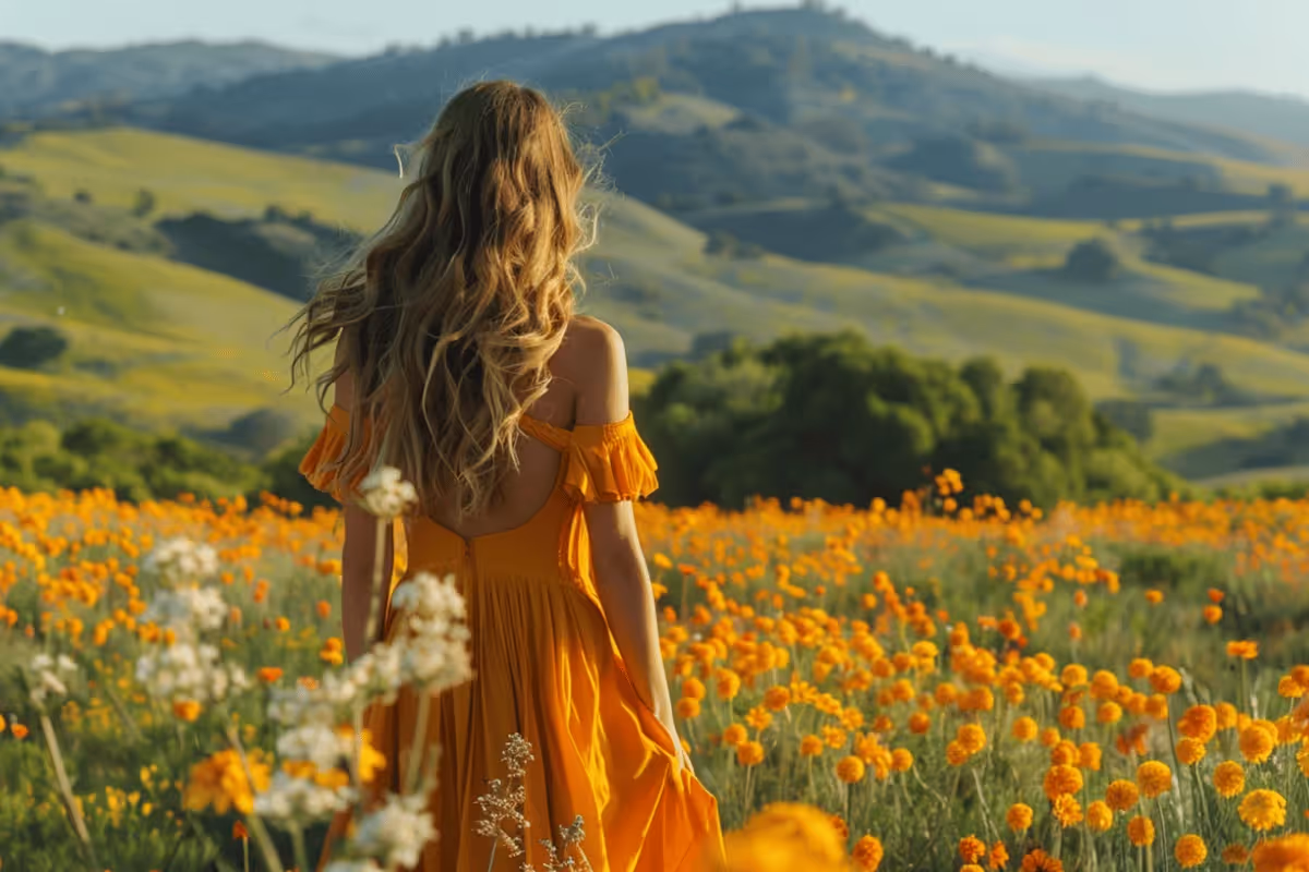 A woman in a flowing orange dress stands in a vibrant field of orange flowers, gazing at rolling green hills under a clear blue sky. Peaceful and serene.