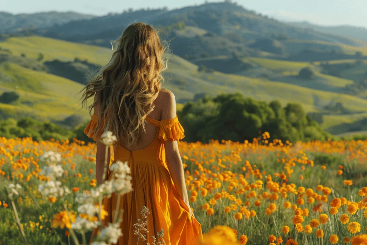A woman in a flowing orange dress stands in a vibrant field of orange flowers, gazing at rolling green hills under a clear blue sky. Peaceful and serene.