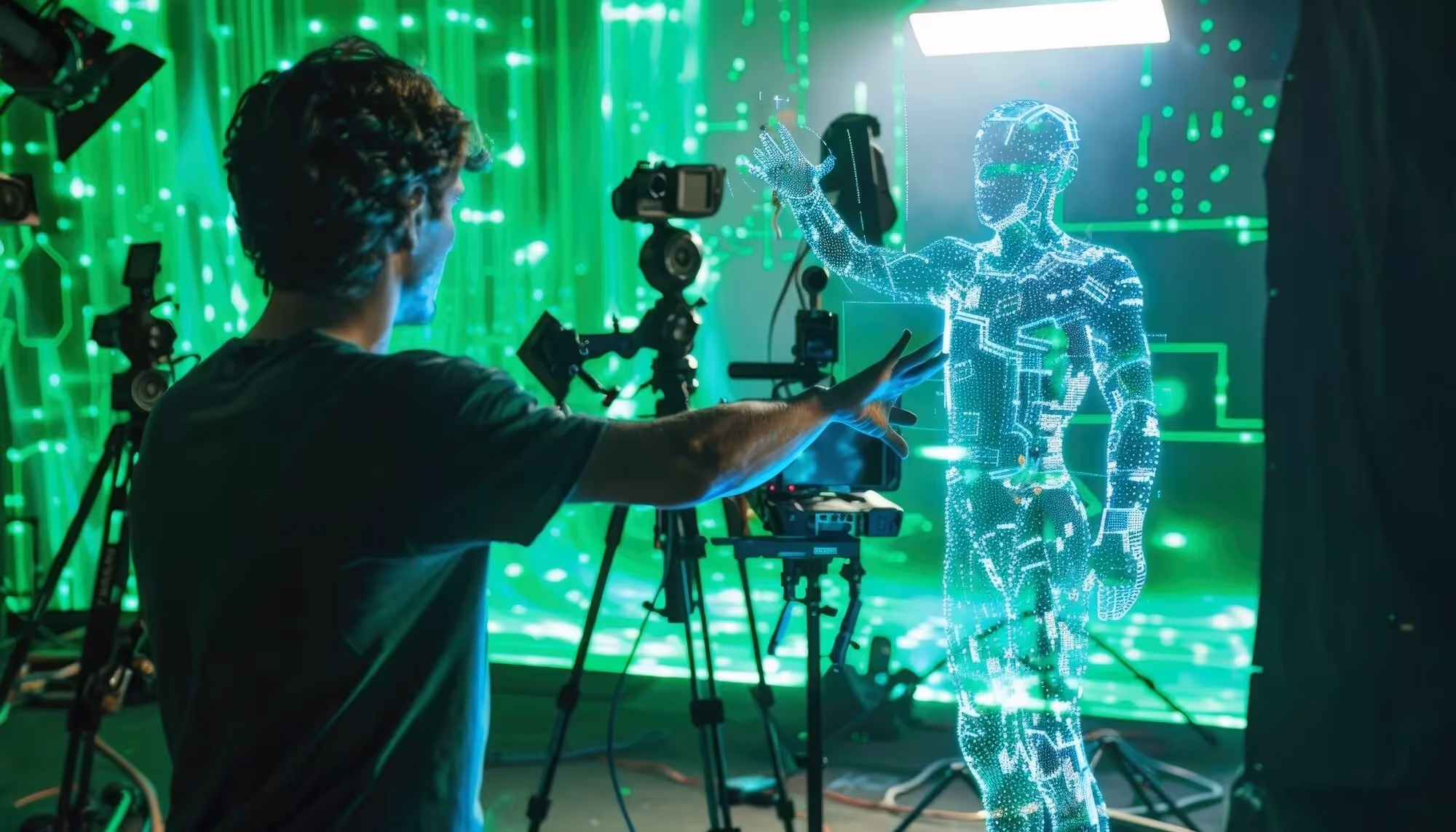 A man gestures toward a glowing holographic figure in a studio filled with cameras. The scene is lit in neon green, creating a futuristic atmosphere.
