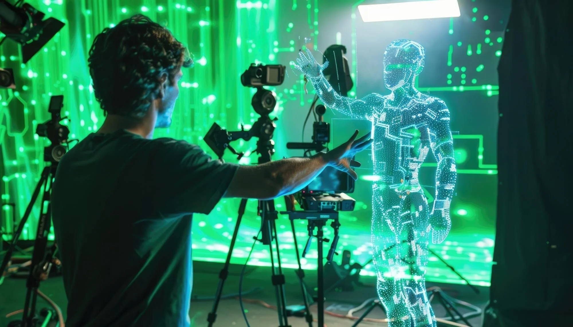 A man gestures toward a glowing holographic figure in a studio filled with cameras. The scene is lit in neon green, creating a futuristic atmosphere.