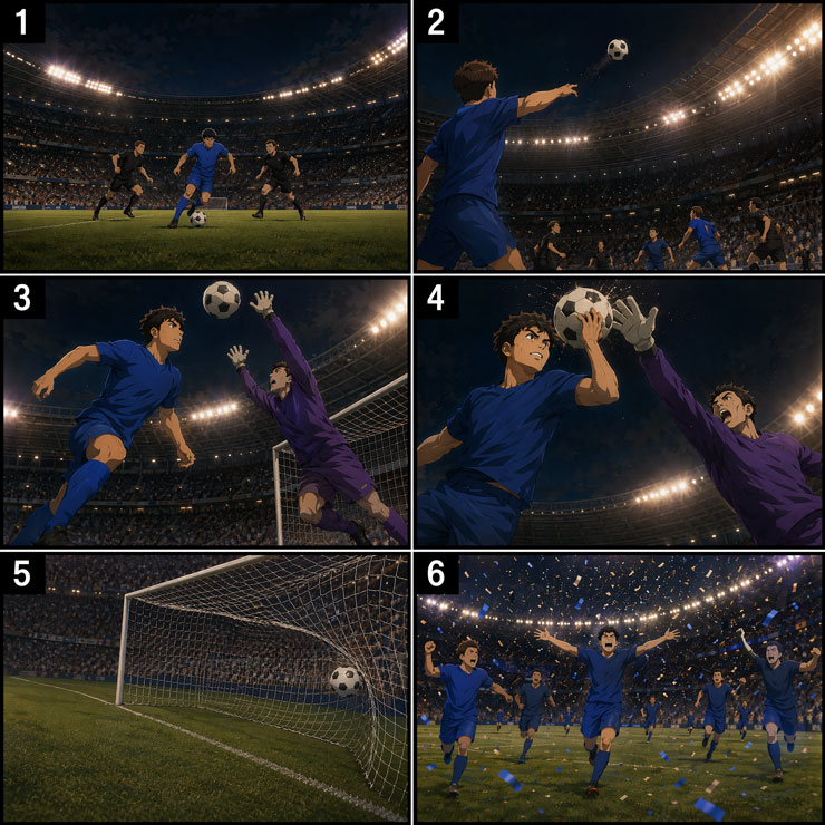 サッカーの名場面を再現するAI動画用ストーリーボード