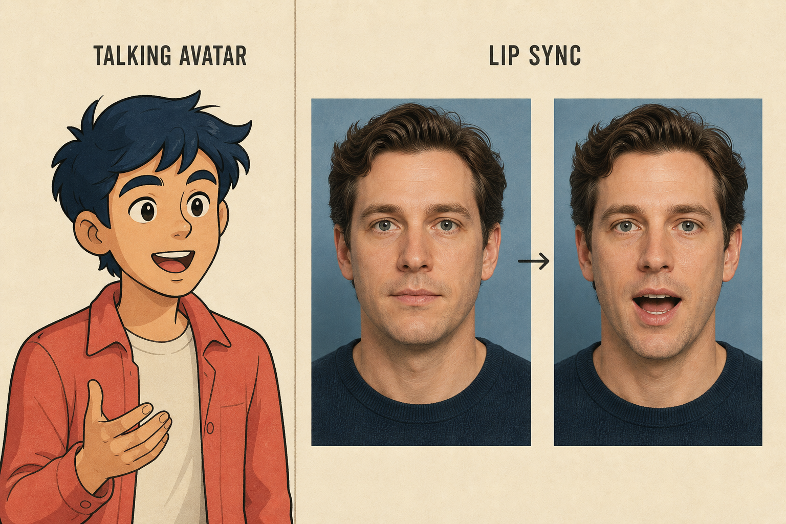 Talking avatar and lip sync comparison showing an illustrated character and a human face with mouth animation