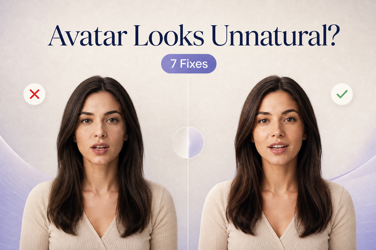 Before-and-after AI talking avatar showing how to fix unnatural results through portrait, voice, audio, prompts, and editing