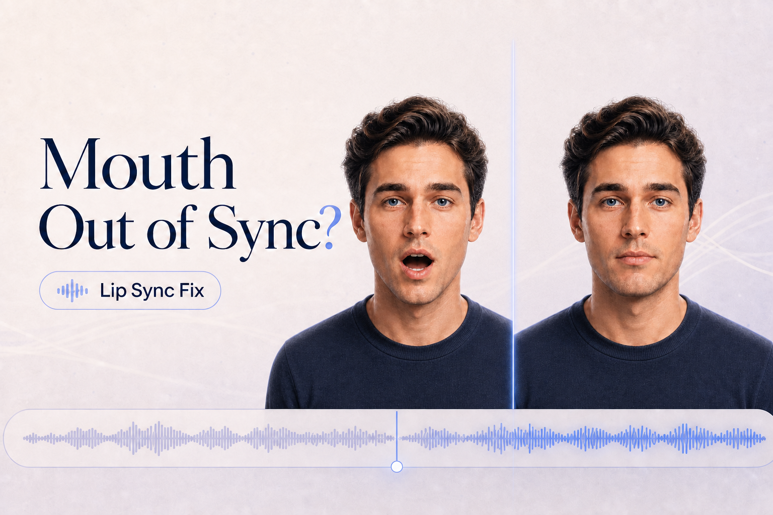 AI talking avatar mouth out of sync beside a waveform, with checks for audio start, drift, silence, and edit alignment