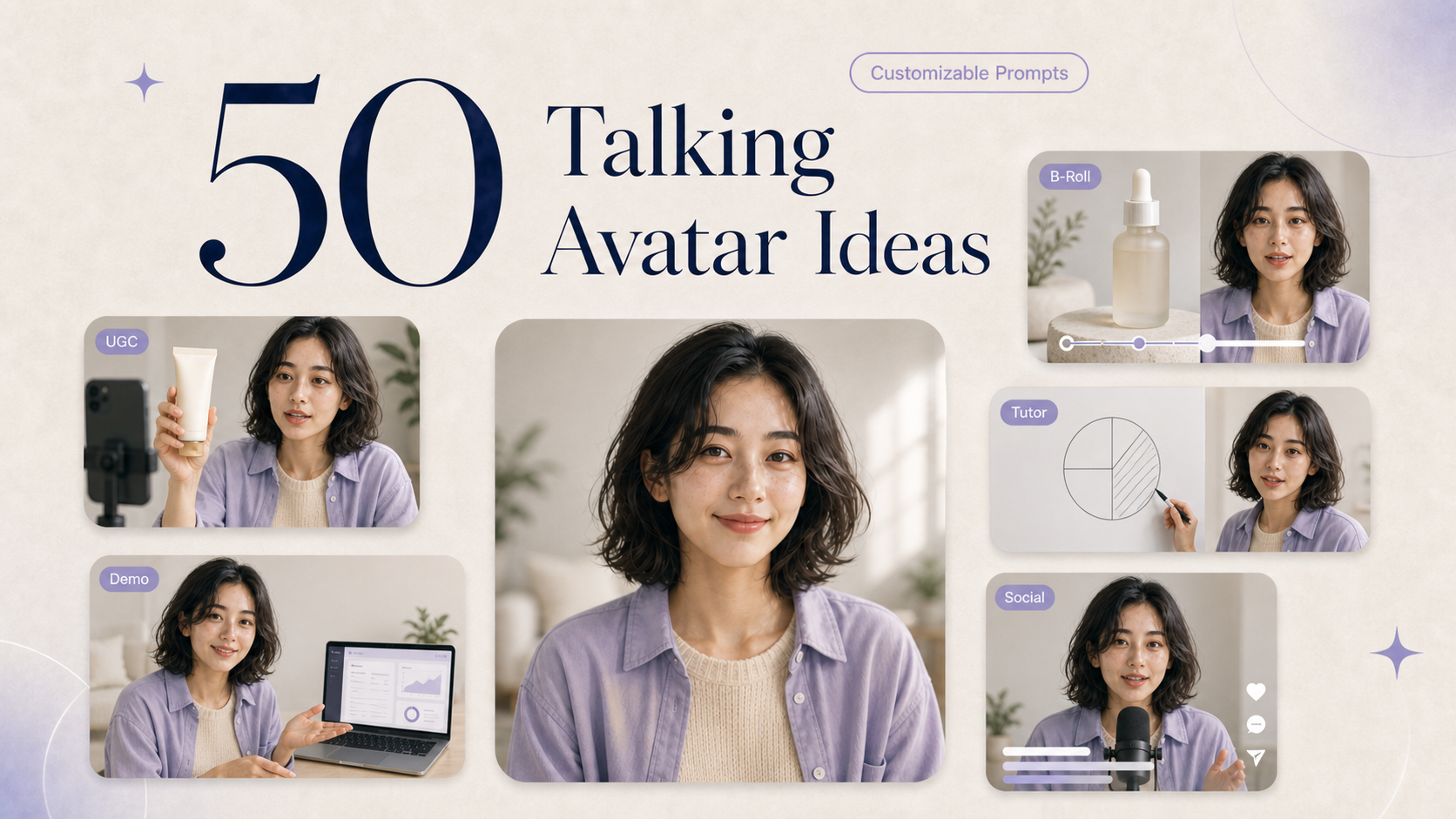Talking Avatar host shown across UGC, B-roll, tutor, demo, and social video formats, with “50 Talking Avatar Ideas” and “Customizable Prompts” text