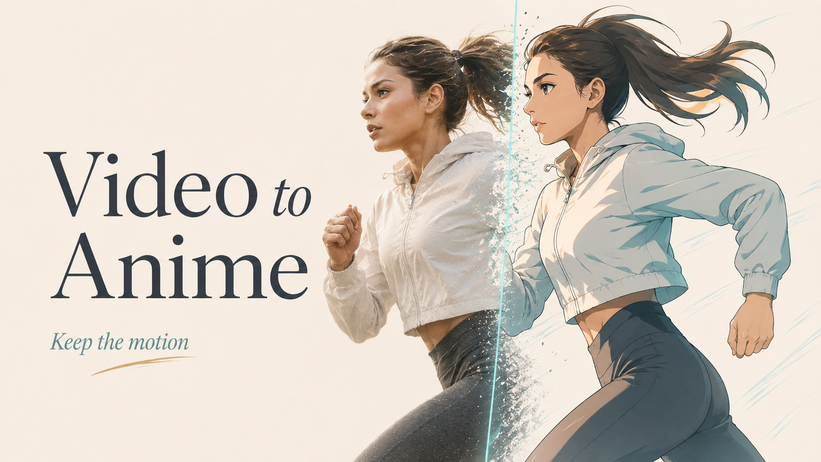 Video to anime transformation showing the same runner and motion in realistic and anime styles