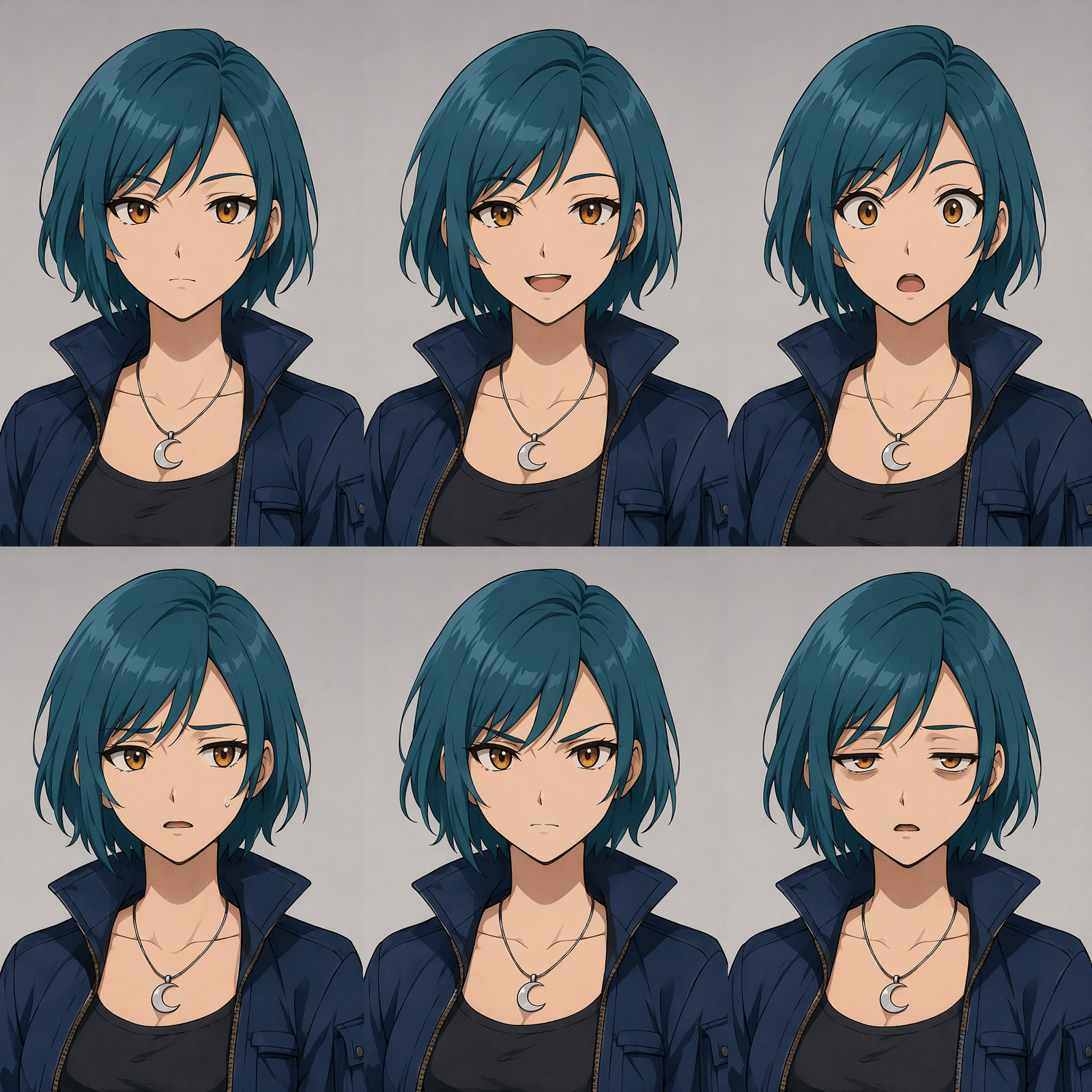 Six-panel anime character expression sheet