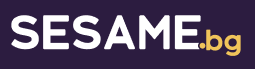 Sesame.bg logo with white 'SESAME' text and gold '.bg' on a dark purple background.
