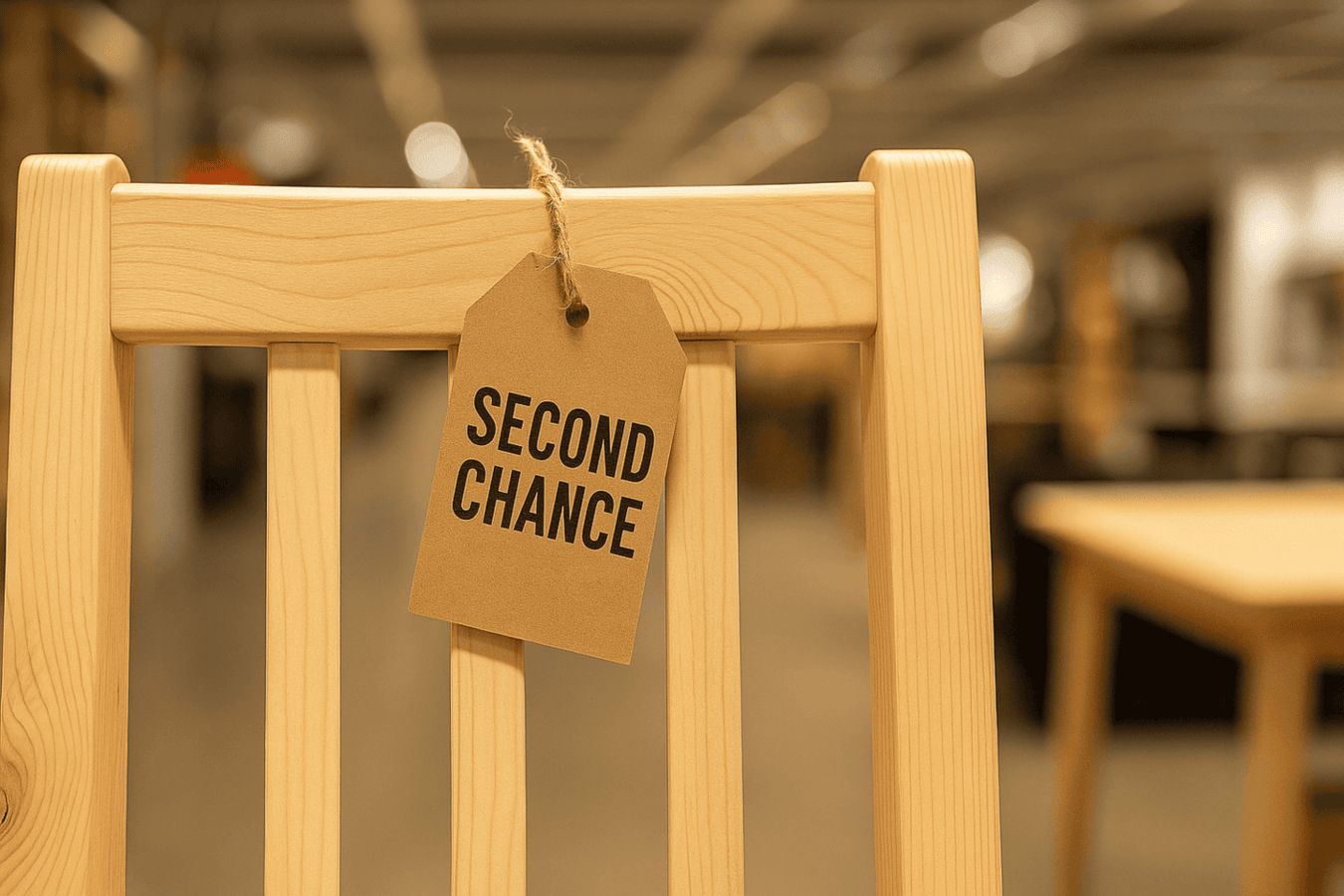 A chair made out of wood with a label that says "Second Chance".