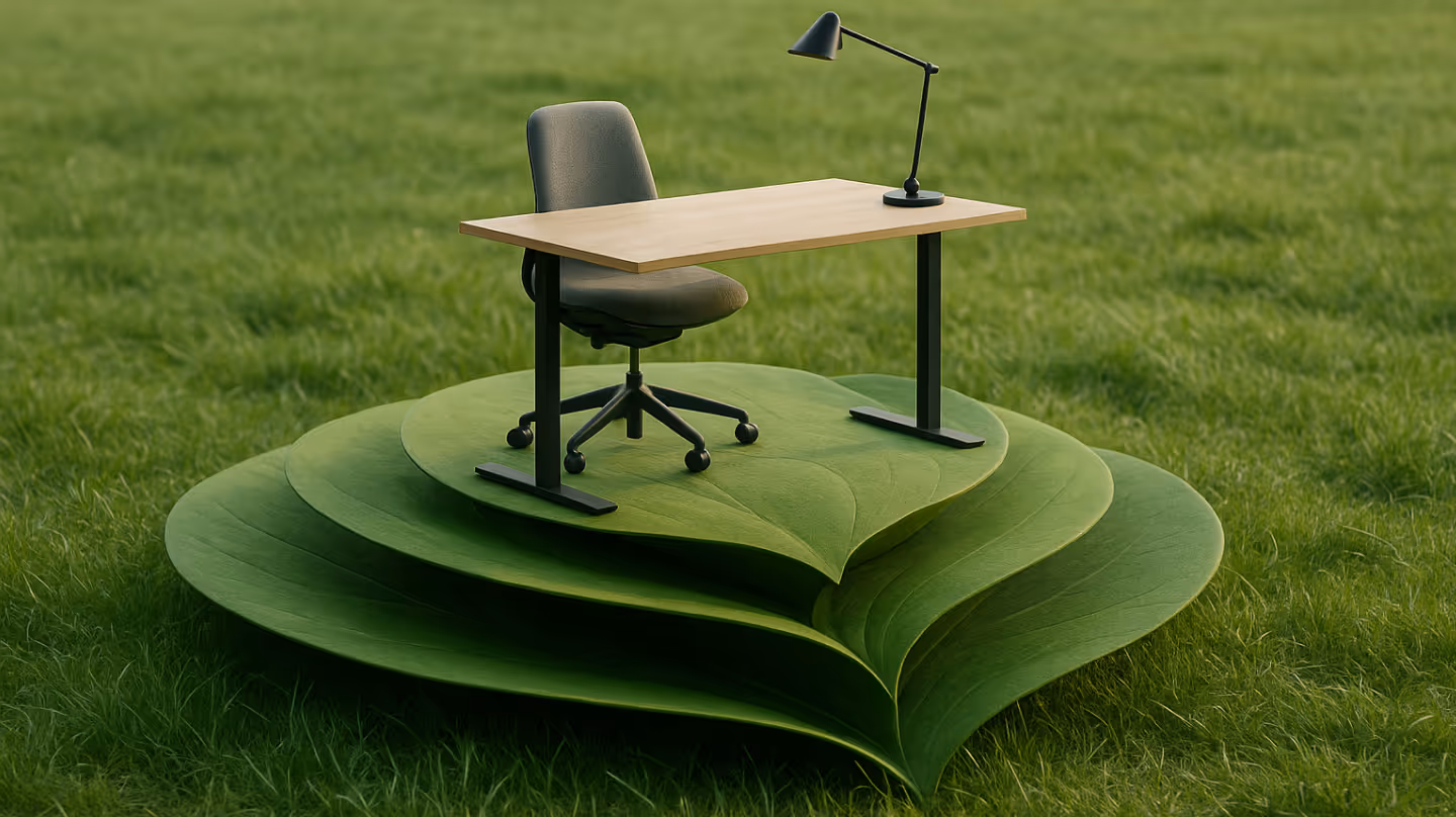 Ein minimalistisches Büroszenario mit Stuhl und Schreibtisch auf gestapelten grünen Blättern inmitten einer Wiese. Symbolisiert Nachhaltigkeit und Kreislauffähigkeit von Produkten.