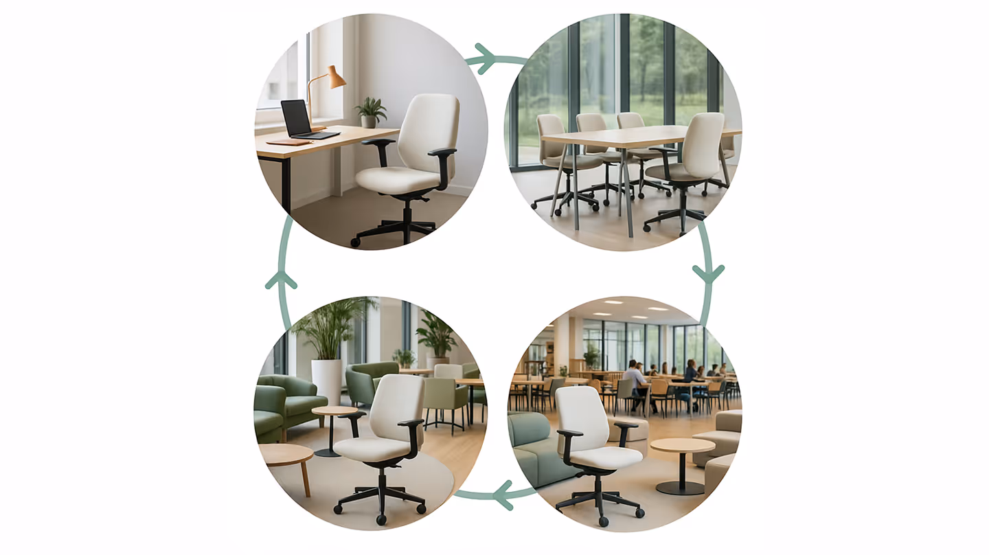 Eine kreisförmige Darstellung mit vier Büroszenen, verbunden durch Pfeile. Der gleiche Bürostuhl taucht in einem Einzelbüro, einem Besprechungsraum, einer Lounge und einem Hochschulbereich auf – als Symbol für Wiederverwendung und flexible Weiternutzung.