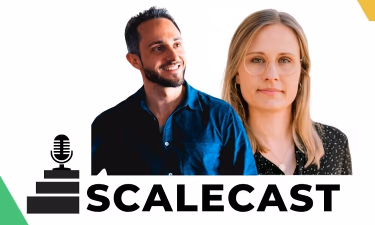 Podcast graphic featuring two people – a smiling man on the left and a woman with glasses on the right – with the text “SCALECAST” and a microphone icon below.