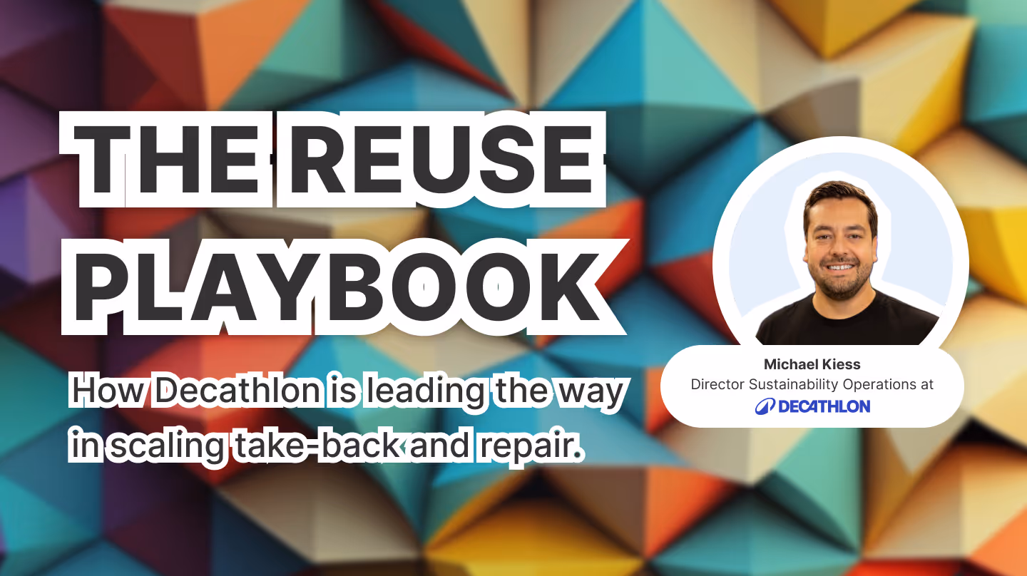 Cover image of “The Reuse Playbook” featuring Michael Kiess (Decathlon). Geometric 3D background, title and subtitle in front, portrait of Kiess on the right.