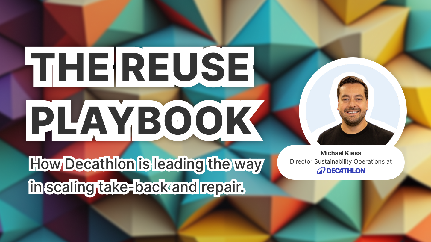 Cover image of “The Reuse Playbook” featuring Michael Kiess (Decathlon). Geometric 3D background, title and subtitle in front, portrait of Kiess on the right.