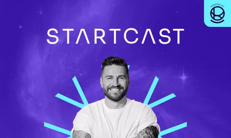 Podcast cover for “Startcast” featuring a smiling man in the foreground, set against a purple-blue background with glowing lines. The title “STARTCAST” appears at the top, and a “Powered by” logo is in the top right corner.