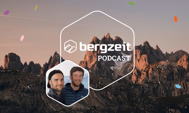 Podcast cover of the “bergzeit PODCAST” featuring a mountain landscape in the background and two hosts shown in a portrait overlay at the bottom left.
