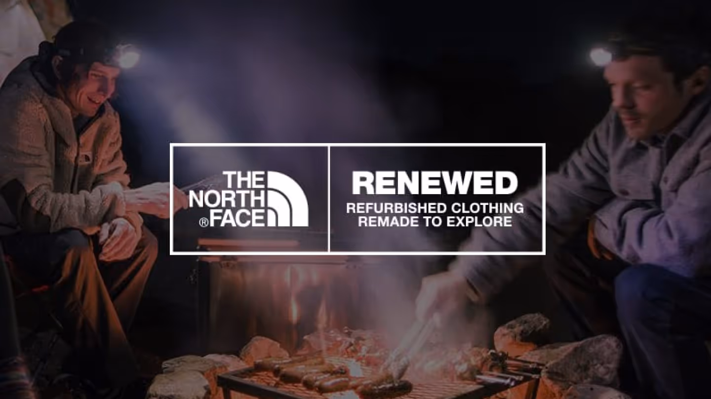 People wearing The North Face around a campfire promoting the Renewed program.
