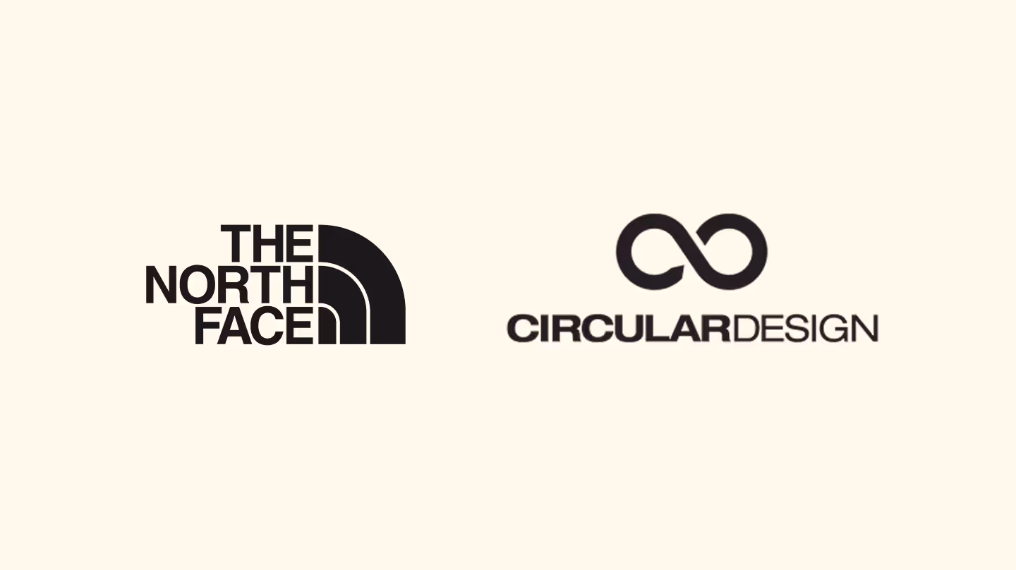The North Face logo next to the Circular Design symbol on a beige background.