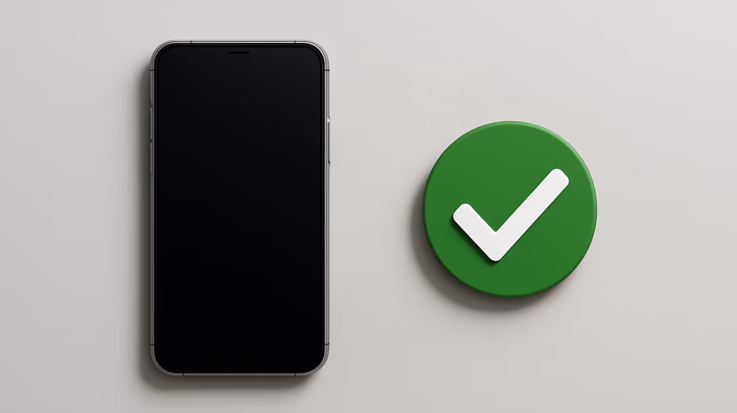 Smartphone with green compliance badge and checkmark.