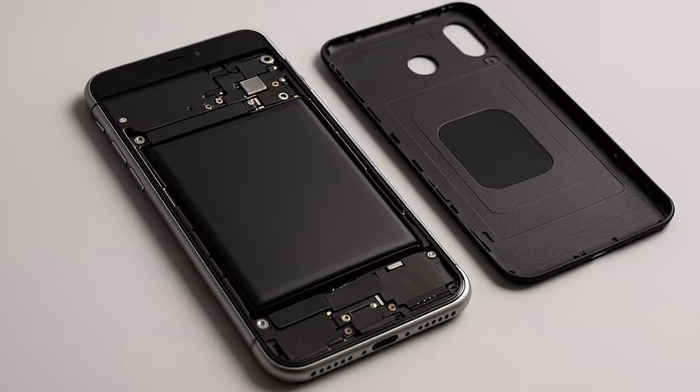 Opened smartphone showing battery and exposed internal components.