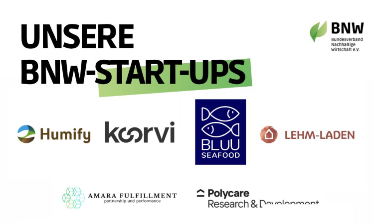Graphic titled “Our BNW Start-ups” from the Federal Association for Sustainable Business in Germany (BNW). It shows the logos of seven start-ups: Humify, koorvi, BLUU Seafood, LEHM-LADEN, Amara Fulfillment, and Polycare Research & Development.