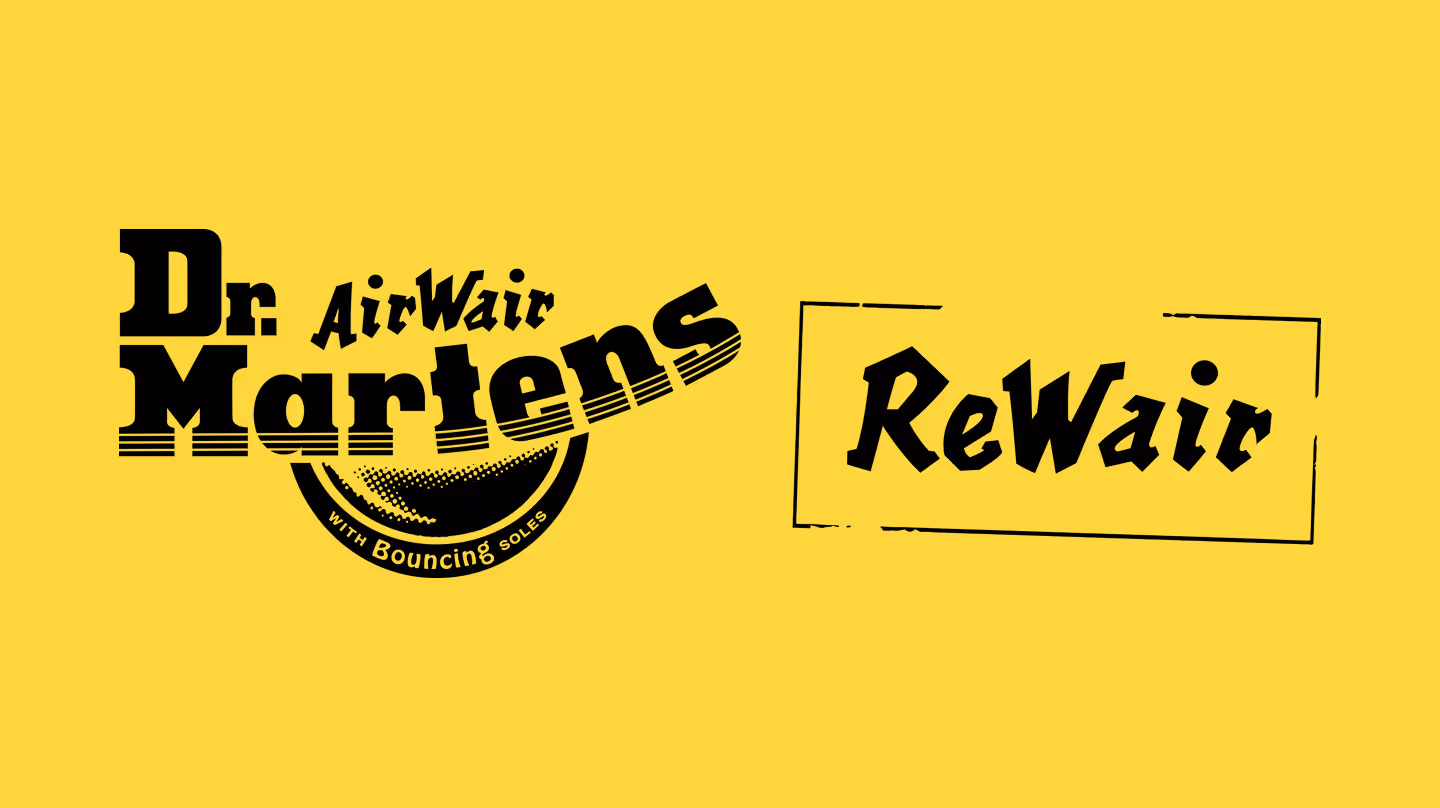 Dr. Martens ReWair Logo auf gelbem Hintergrund.