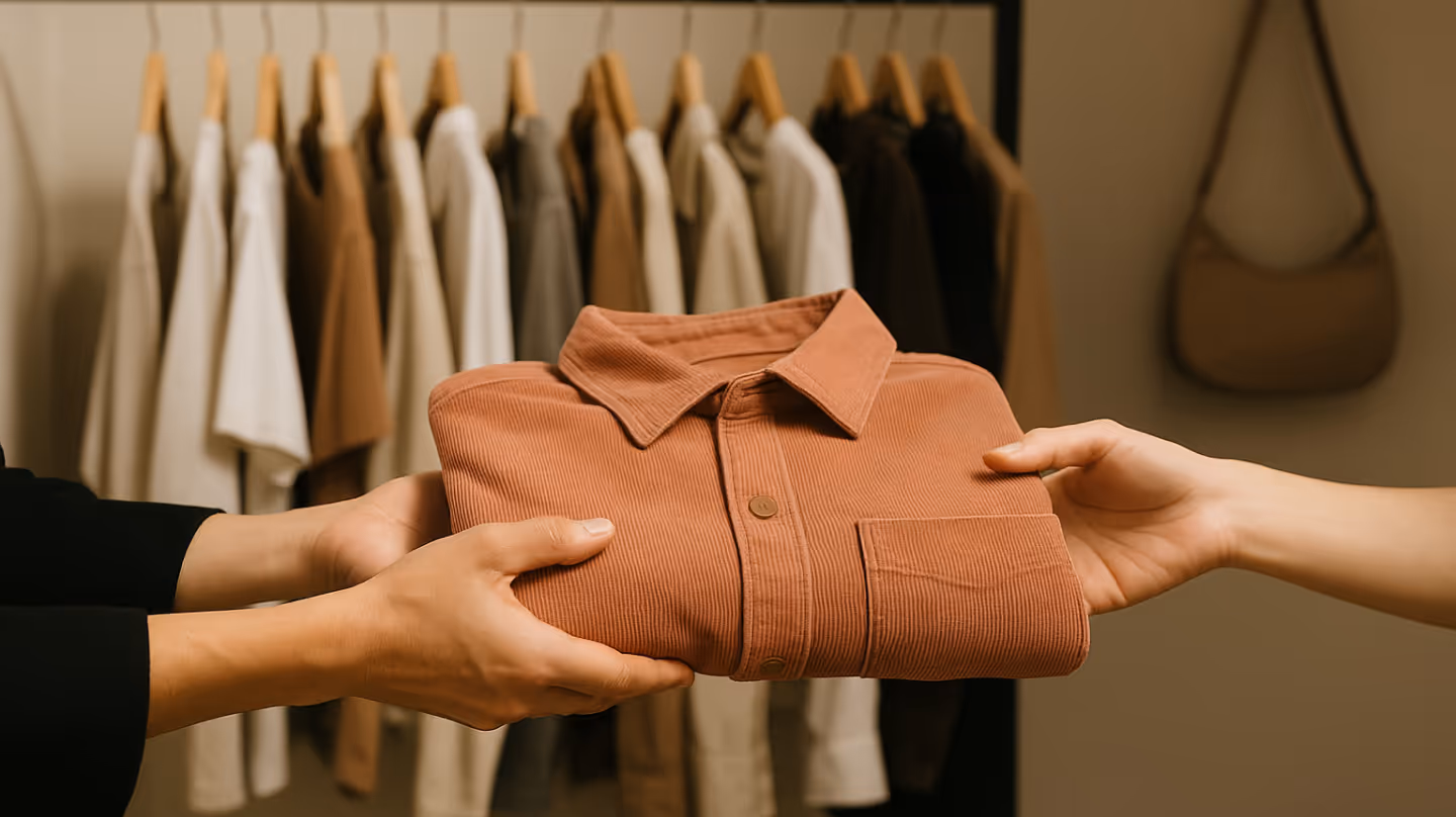 Two hands exchanging a folded shirt in a clothing store with a garment rack in the background — representing a trade-in in a resale program.