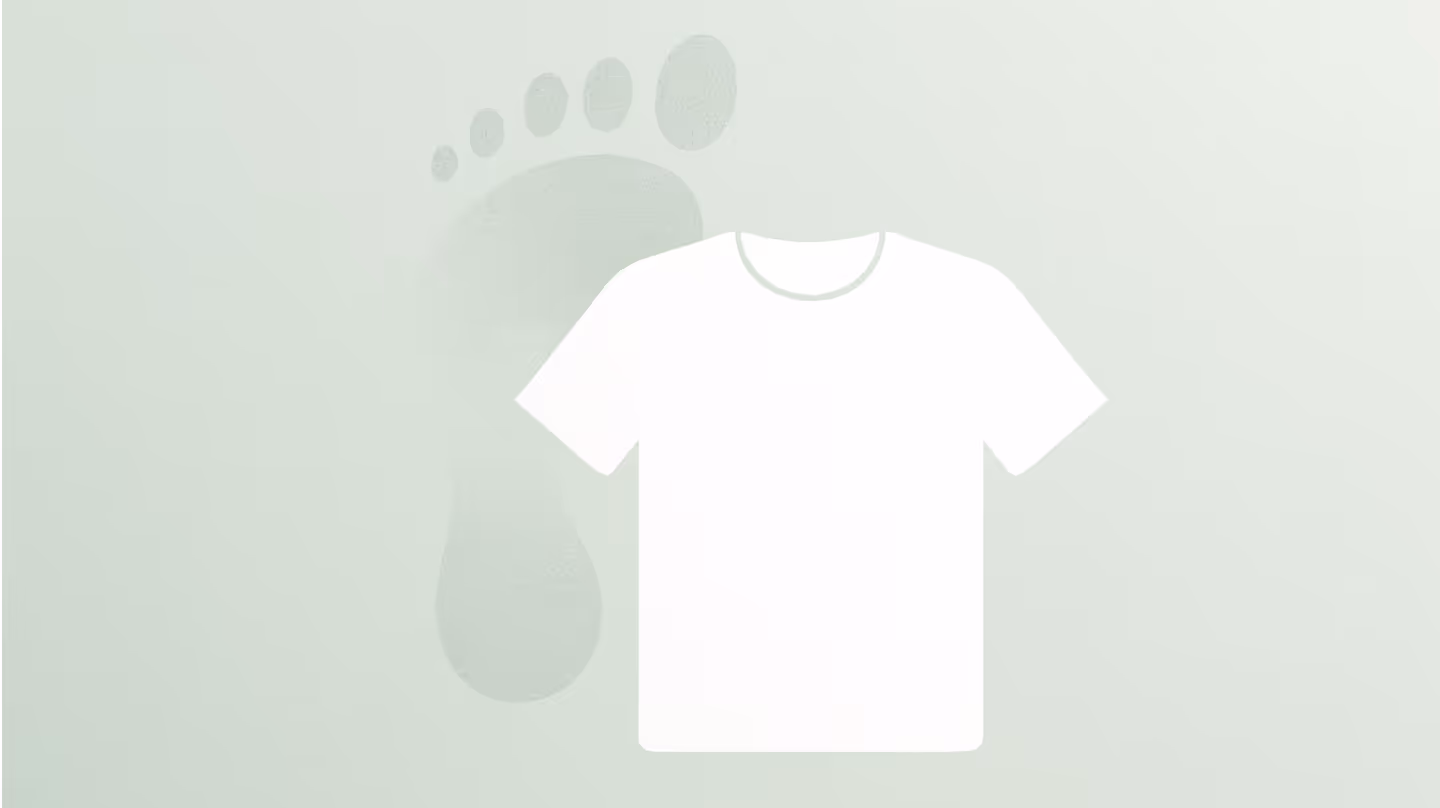 Minimalist illustration of a white T-shirt with a fading footprint behind it on a light green background — visualizing CO₂ reduction through resale.
