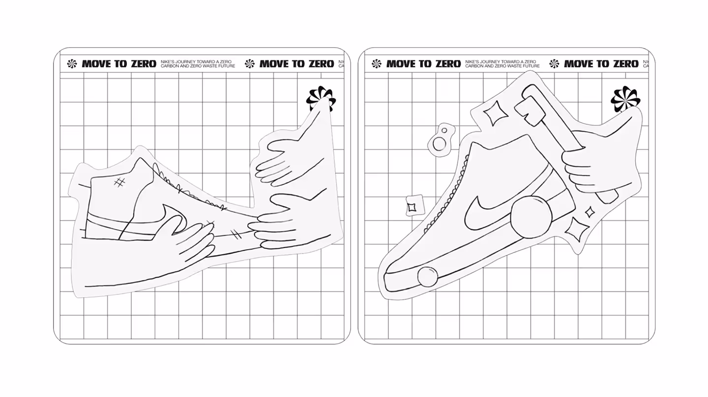 Illustration of a Nike Refurbished sneaker being cleaned and repaired, with eco-friendly symbols and tools.