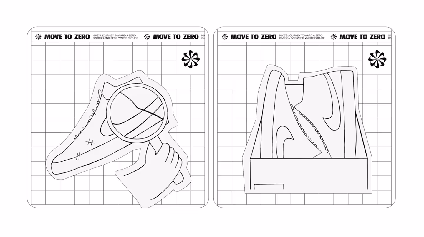 Illustration showing the grading and packaging process of Nike Refurbished sneakers with Move to Zero branding.