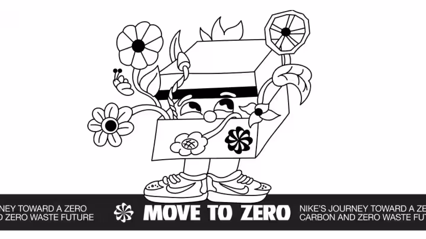 Illustration of a Nike shoebox with flowers and nature elements symbolizing sustainability and circularity.