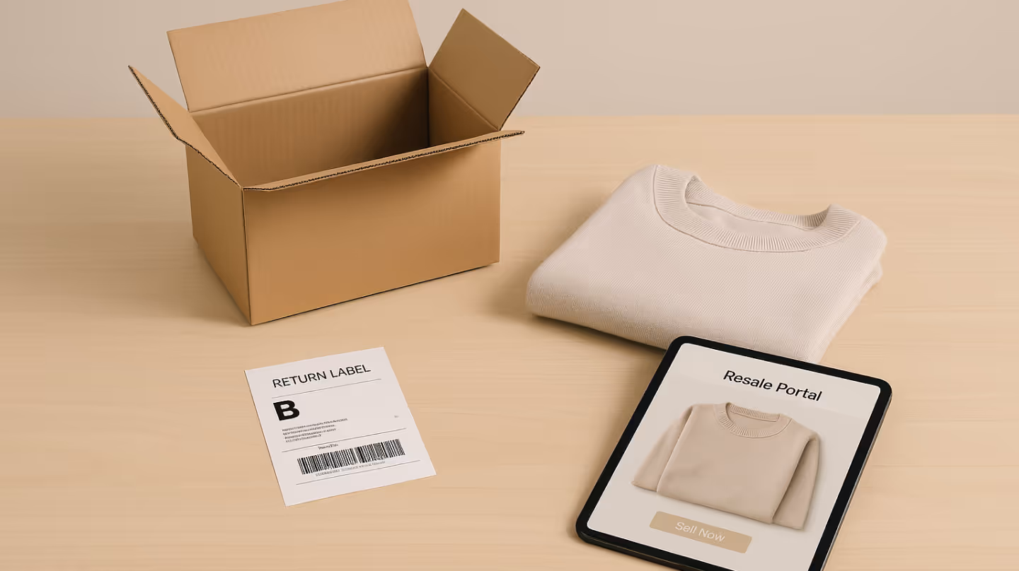 Flatlay mit einem offenen Versandkarton, einem gefalteten Pullover, einem Rücksendeetikett und einem Tablet mit geöffneter Resale-Portal-Oberfläche.