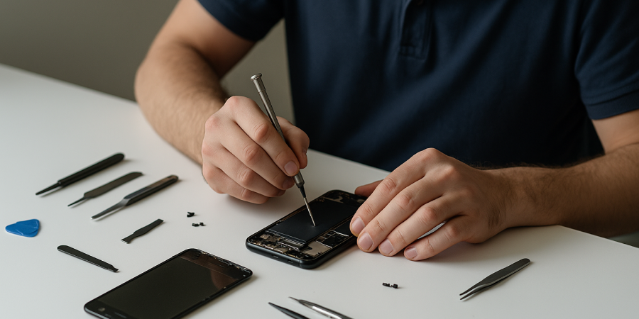 A close-up of a person repairing a disassembled smartphone on a white workbench, surrounded by small precision tools, screws, and a separated screen under soft natural light.