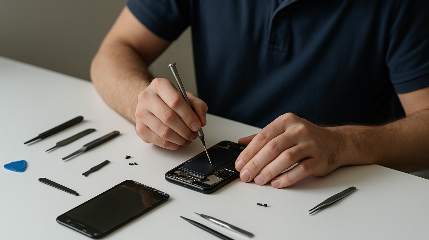 A close-up of a person repairing a disassembled smartphone on a white workbench, surrounded by small precision tools, screws, and a separated screen under soft natural light.