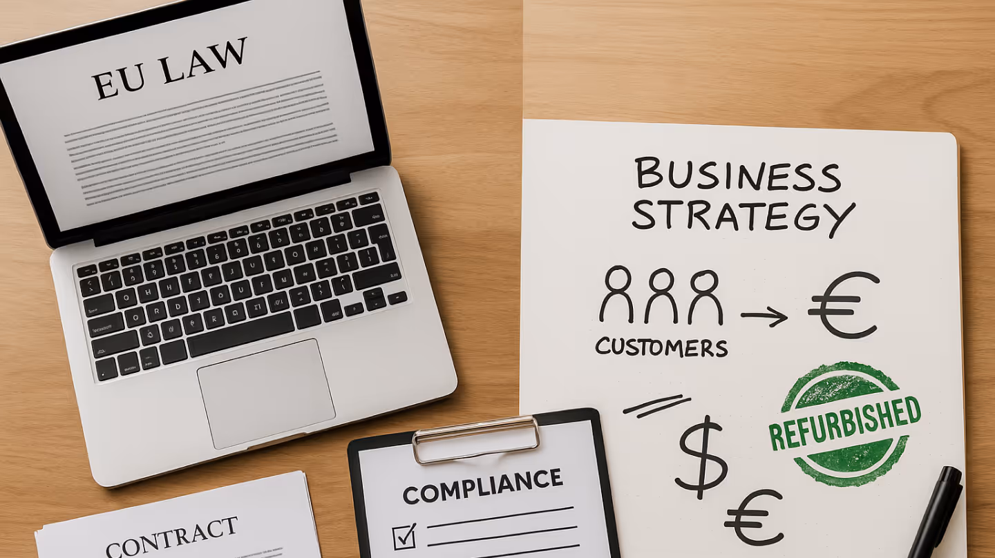 A high-angle photo of a wooden desk divided in two: the left side shows a laptop screen labeled “EU LAW,” a checklist titled “COMPLIANCE,” and a document labeled “CONTRACT”; the right side features a notebook with “BUSINESS STRATEGY,” a flow from “CUSTOMERS” to a euro symbol, and a green stamp reading “REFURBISHED.”