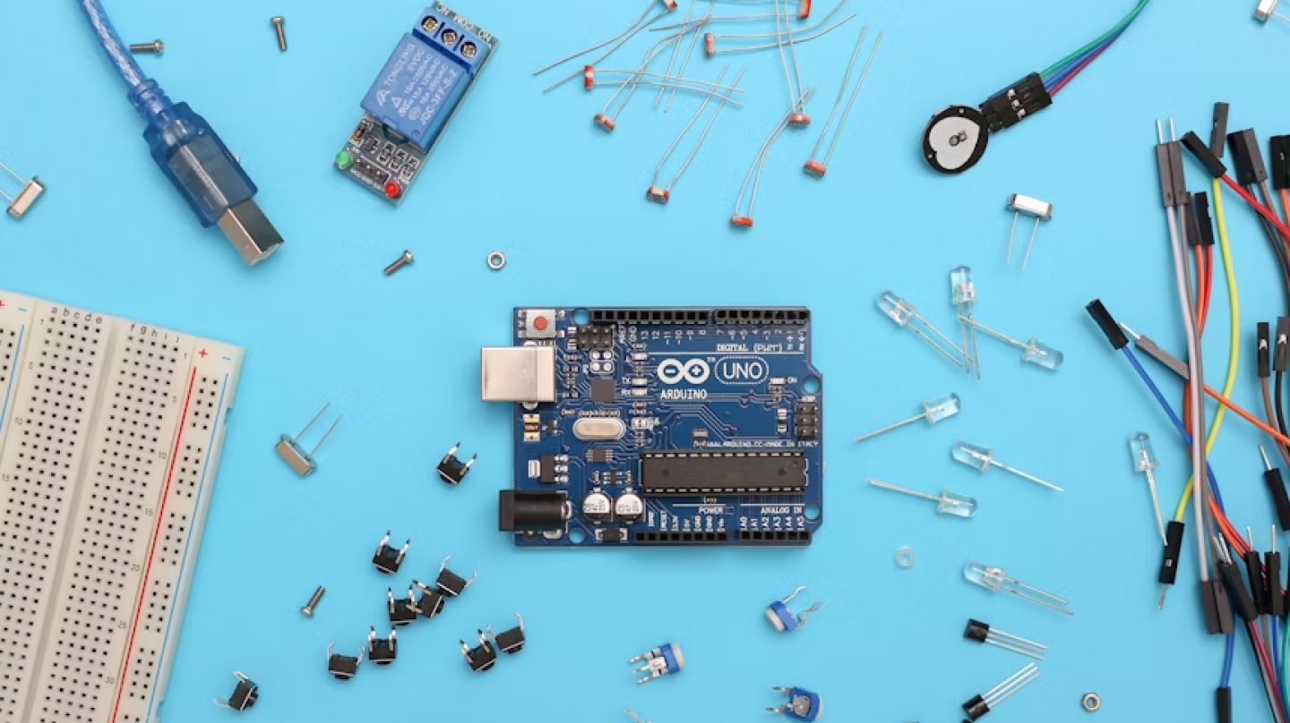 Top view of an Arduino Uno microcontroller board surrounded by electronic components, including resistors, LEDs, jumper wires, switches, and a breadboard, arranged on a bright blue background.
