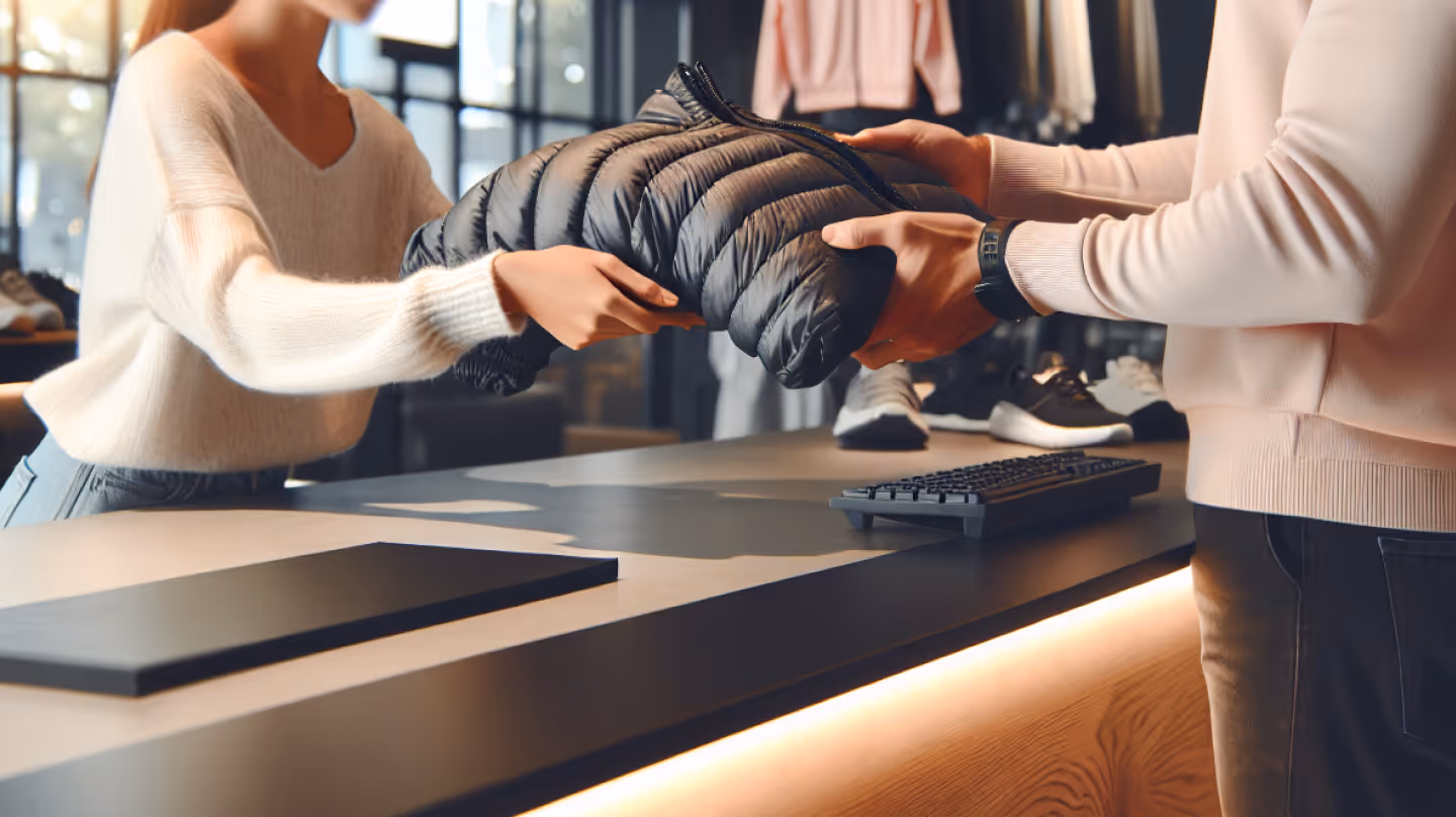Close-up of a customer handing a black puffer jacket to a store associate across a counter in a modern retail setting.
