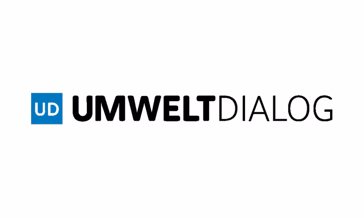 Logo of the sustainability magazine UmweltDialog featuring a blue “UD” symbol and black lettering on a white background.