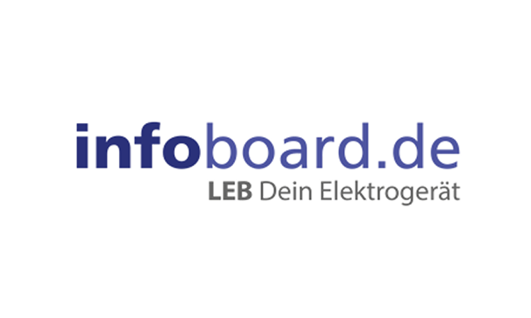 Logo of the online magazine infoboard.de with the slogan “LEB Dein Elektrogerät” in blue and grey lettering on a white background.