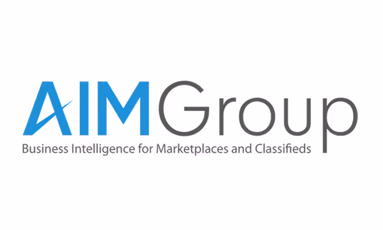 Logo of the AIM Group with blue and grey lettering and the tagline “Business Intelligence for Marketplaces and Classifieds.”